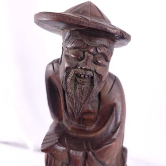 Genuine Camphor Wood Hand Carved In Taiwan Smiling Asian Man Statue 12" - Picture 2 of 7